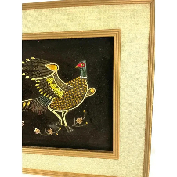 VTG Pheasant Bird Black Velvet Felt Beaded Rhinestones Art Wooden Frame MCM - Picture 4 of 16